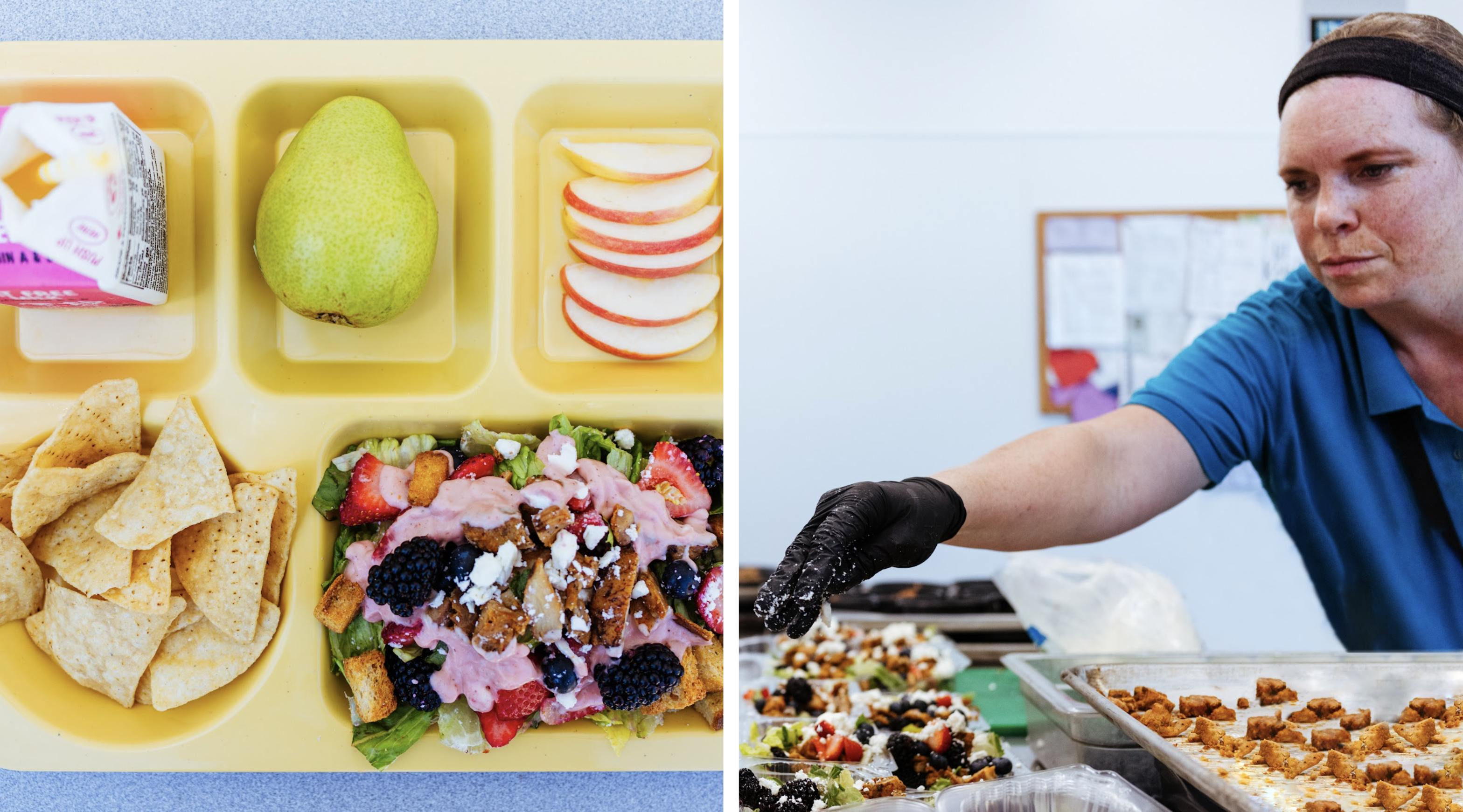 Food services worker preparing fresh meals for students